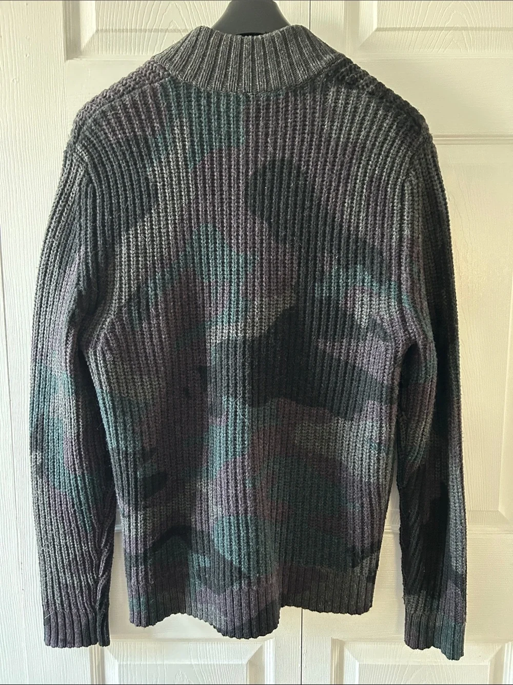 True Religion Men's Dark Gray Camo Zip Rib Knit Sweater with Purple & Teal Tones